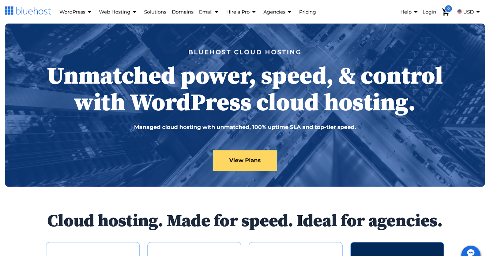 Bluehost homepage with information about their cloud hosting plans