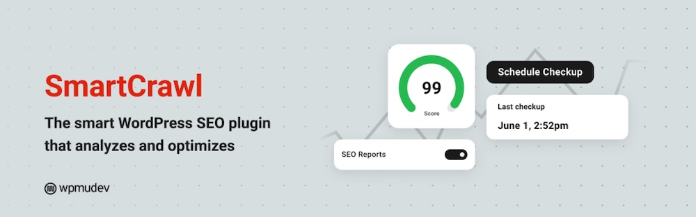 SmartCrawl plugin page with the text "the smart WordPress SEO plugin that analyzes and optimizes"