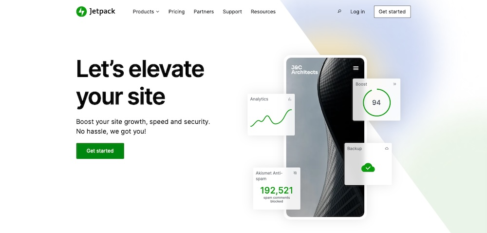 Jetpack homepage with the text "Let's elevate your site"
