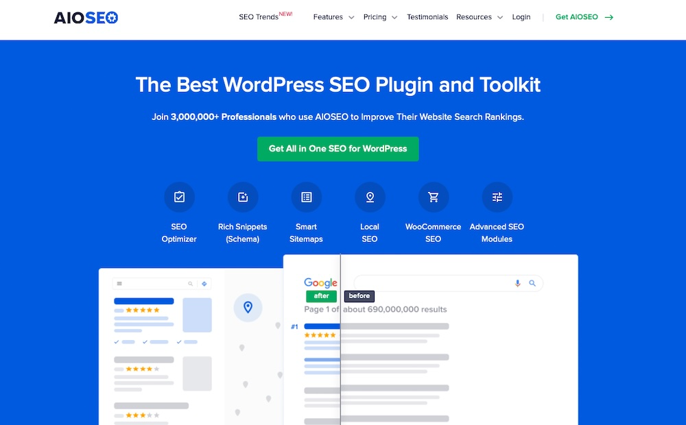 AIOSEO homepage with the text "the best WordPress SEO plugin and toolkit"