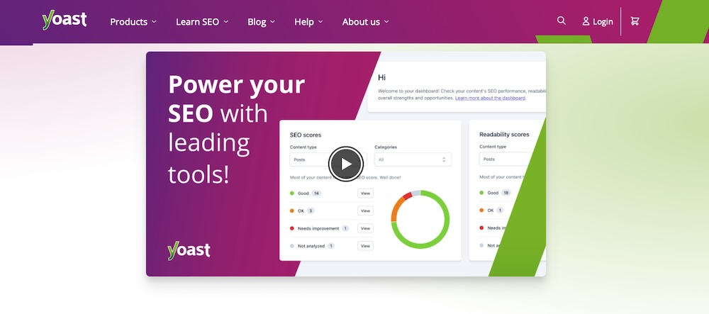 Yoast SEO homepage with the text "power your SEO with leading tools"