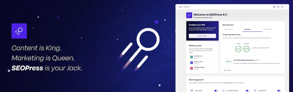 SEOPress homepage with screenshots of the tool in action
