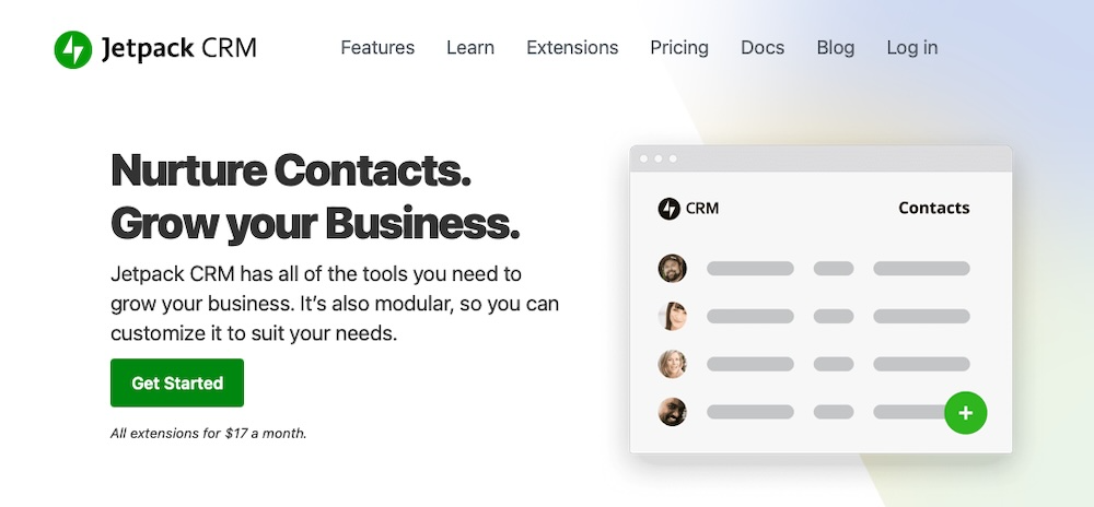 Jetpack CRM page with the text "Nurture contacts. Grow your business."