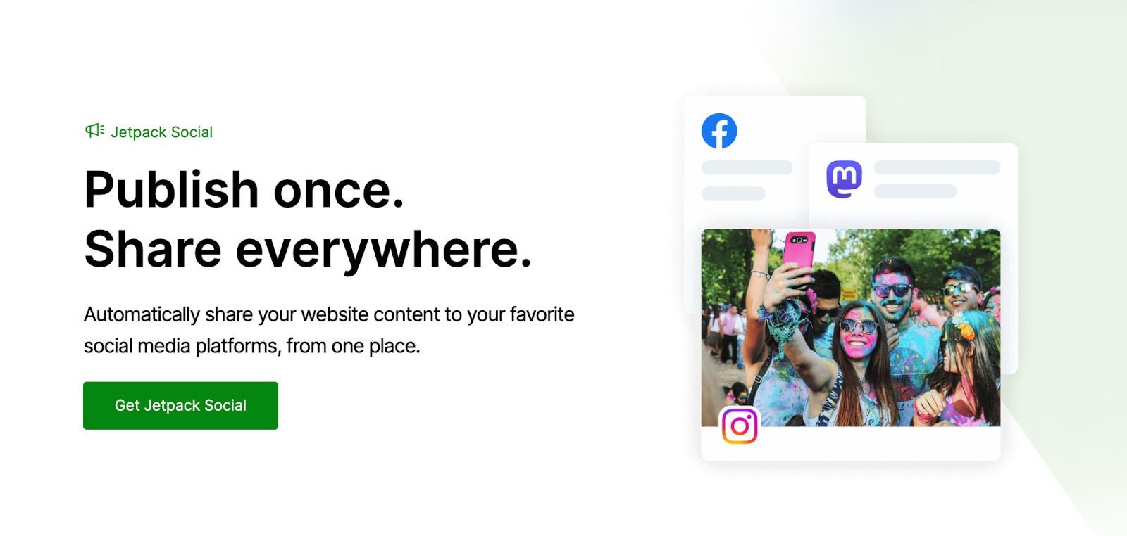 Jetpack Social homepage hero section with a title, paragraph, image and "get jetpack social" button.