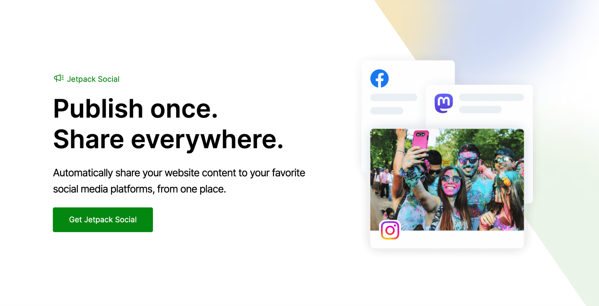 Jetpack Social page with the text "publish once. share everywhere"