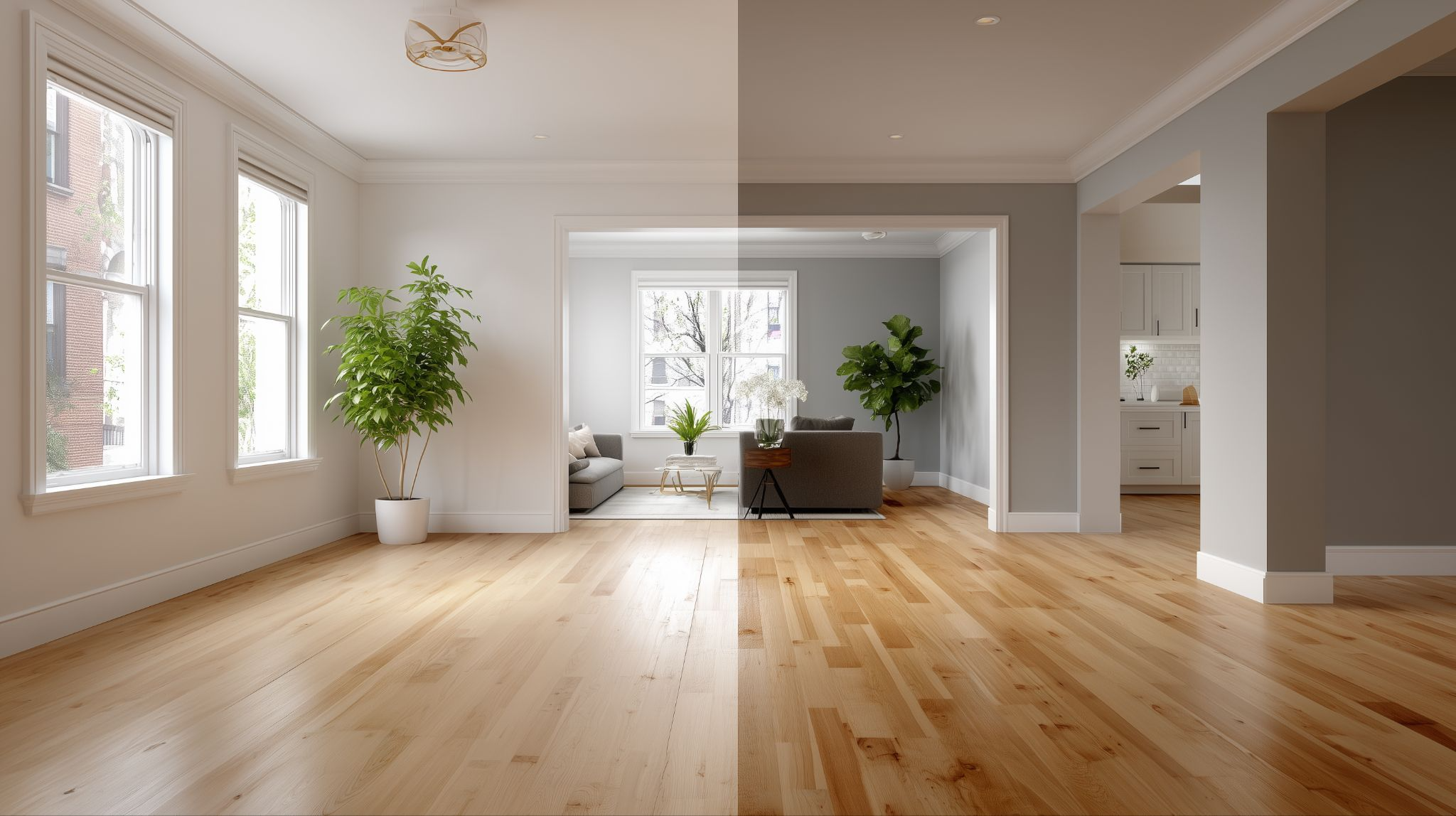 before and after photo of a designed living room