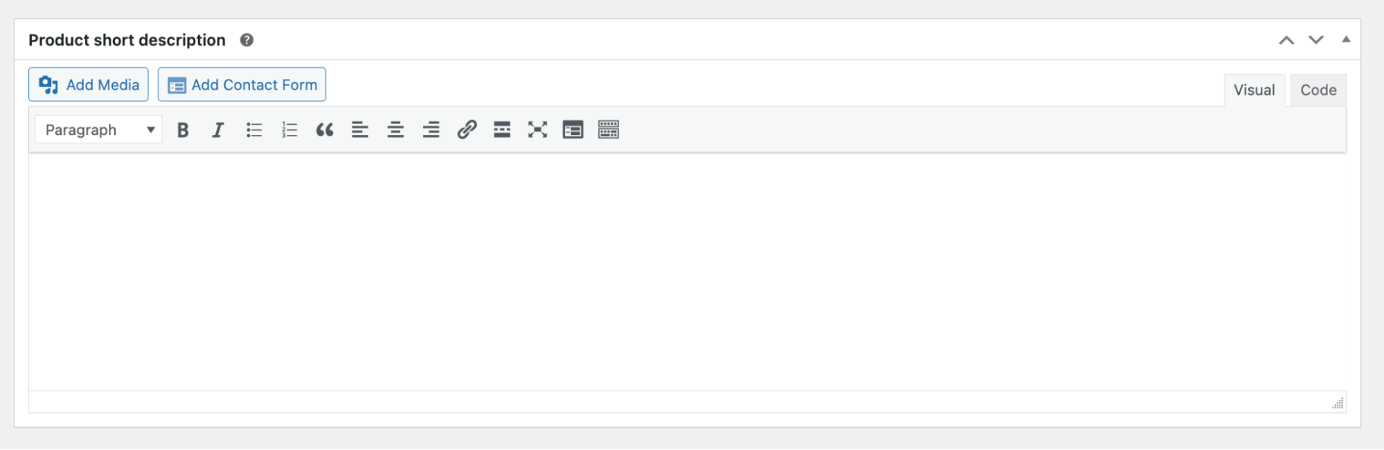 WooCommerce product post type's add new product screen showing field for product short description.