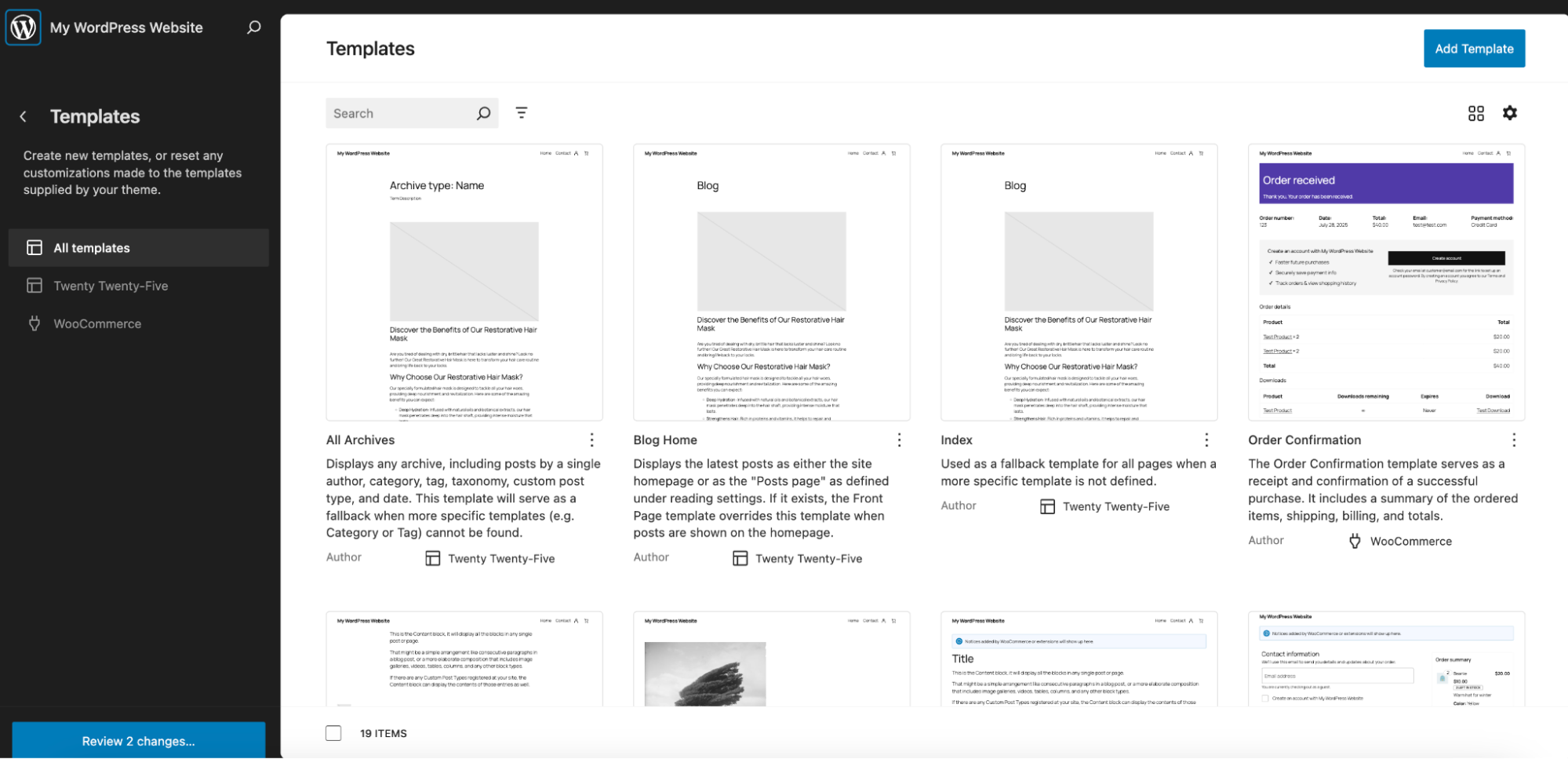 Template selection form within the WordPress admin dashboard.