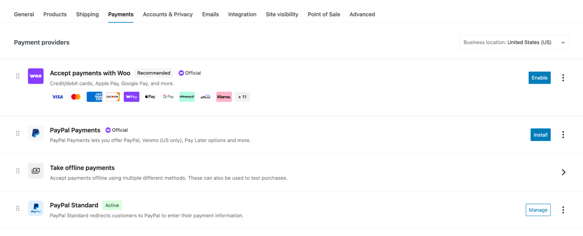 Woocommerce payment settings from within the WordPress admin dashboard showing available payment types. 