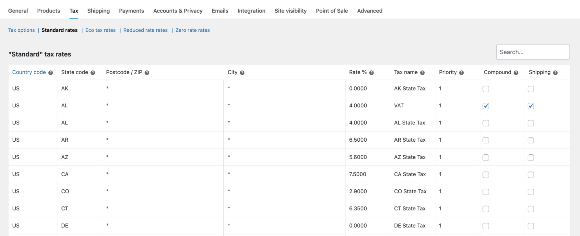 Woocommerce tax settings from within the WordPress admin dashboard showing standard tax rates by state.