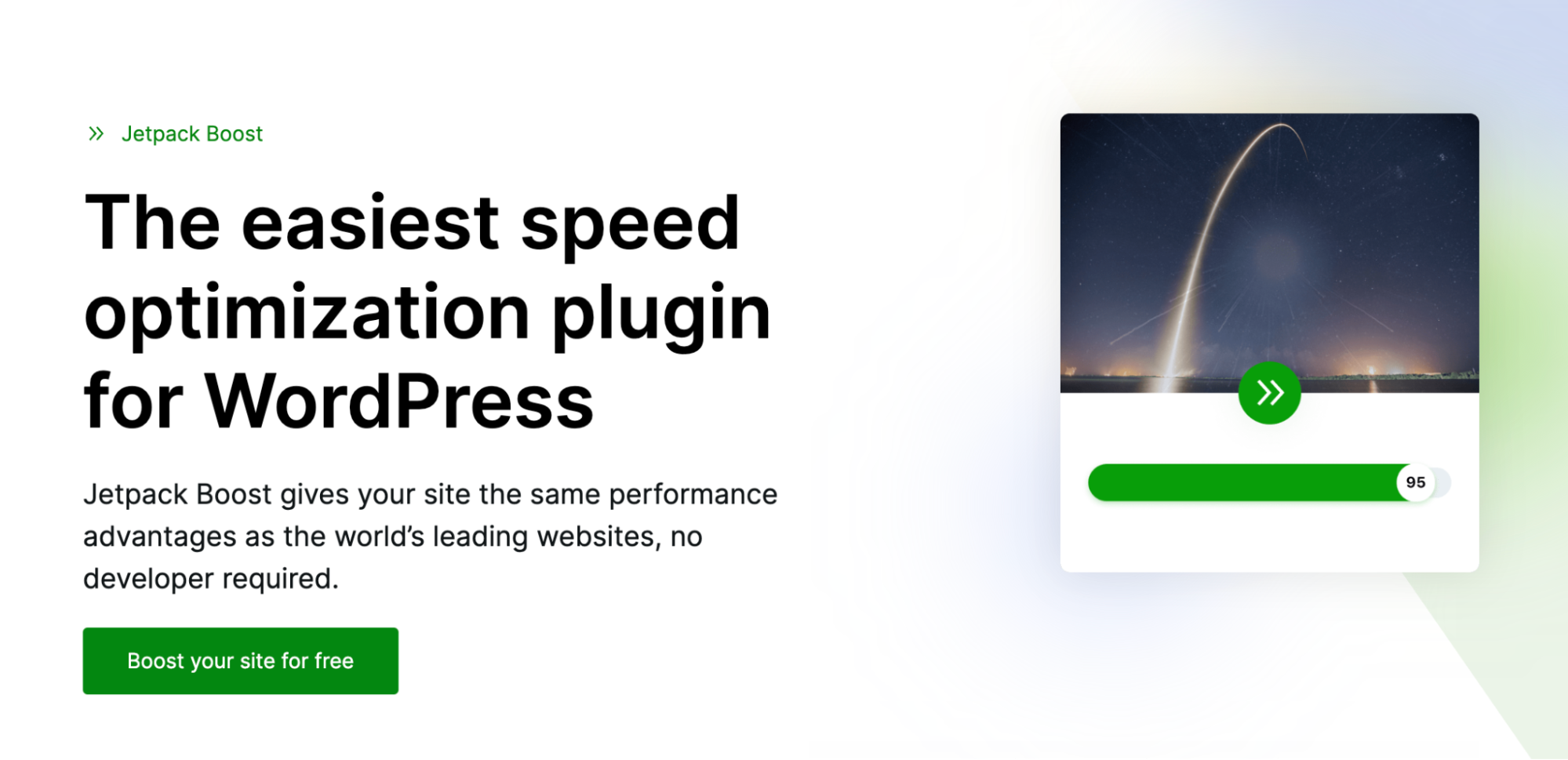 Jetpack Boost homepage hero section with title, paragraph, image, and "Boost your site for free" call to action.