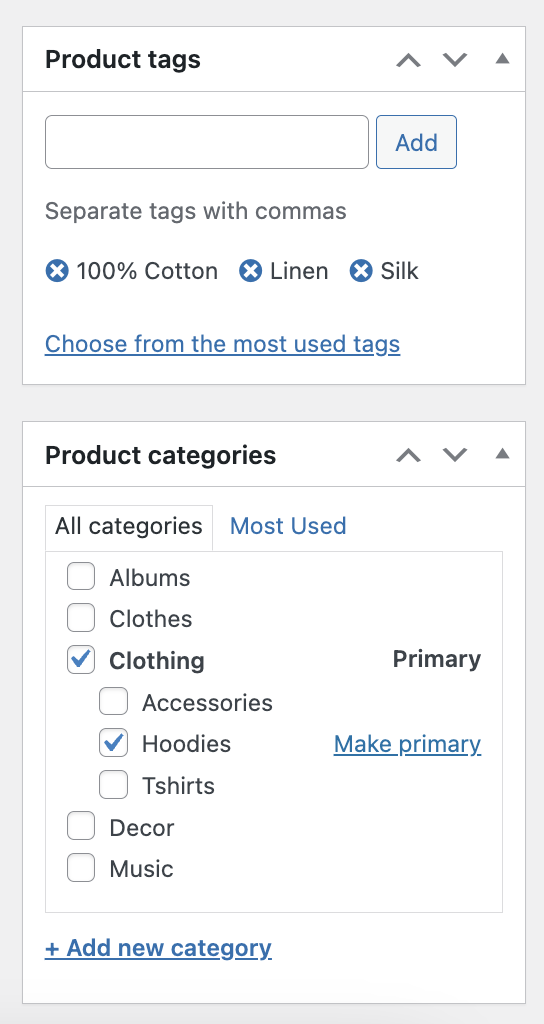 WooCommerce product post type's add new product screen showing fields for product tags and categories.