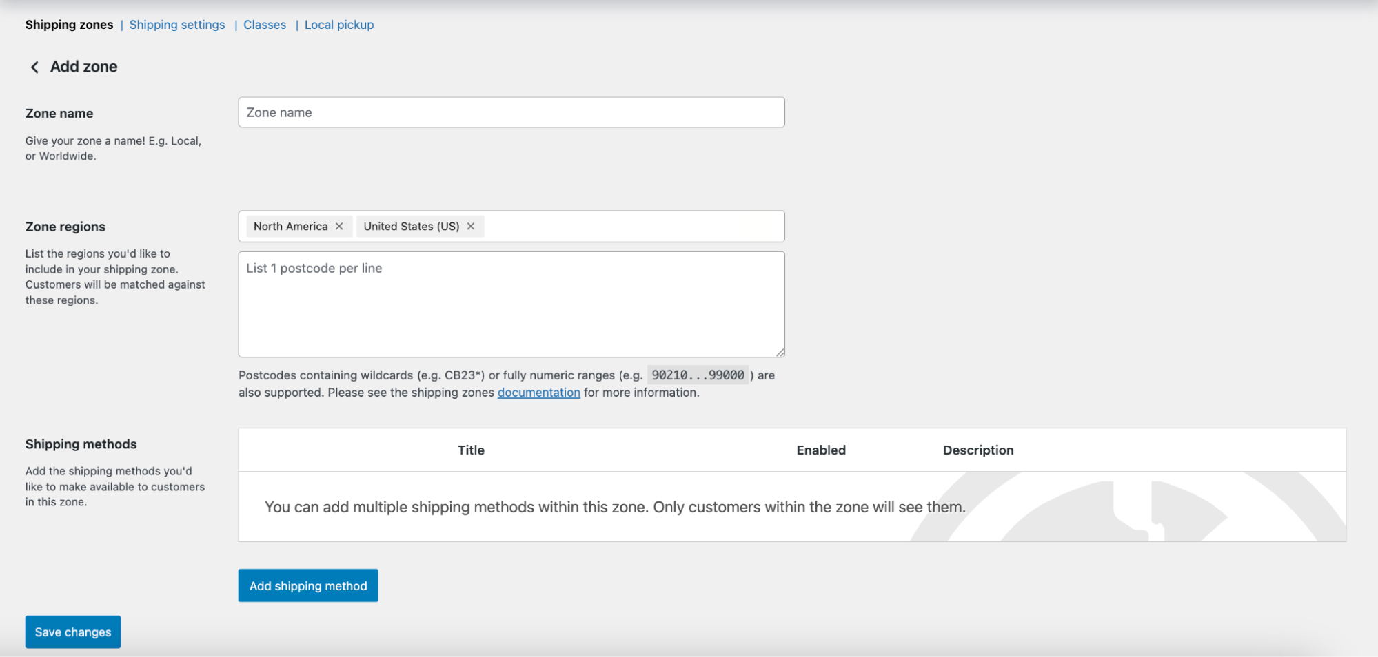 Woocommerce shipping settings from within the WordPress admin dashboard showing the add zone screen.