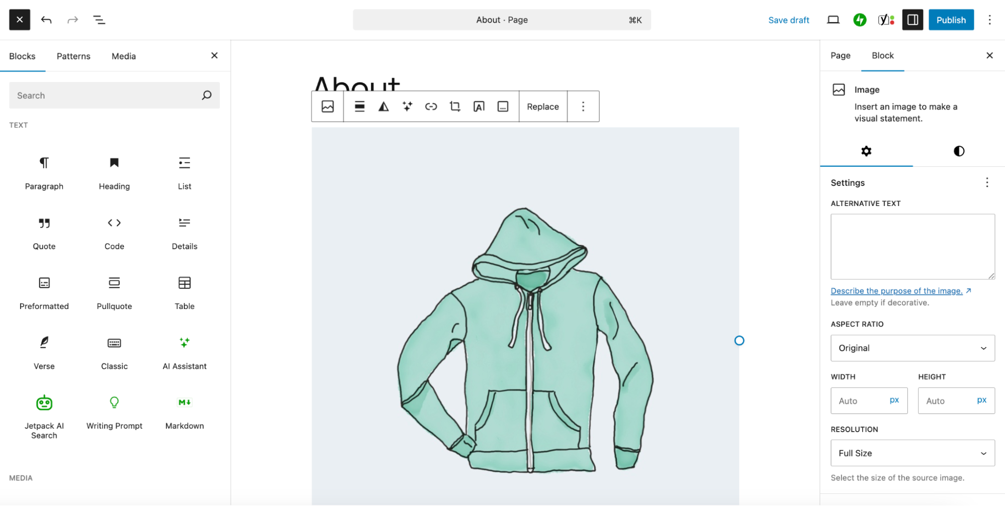 Gutenberg block editor for an About page showing the main title and a product image for a sweatshirt.
