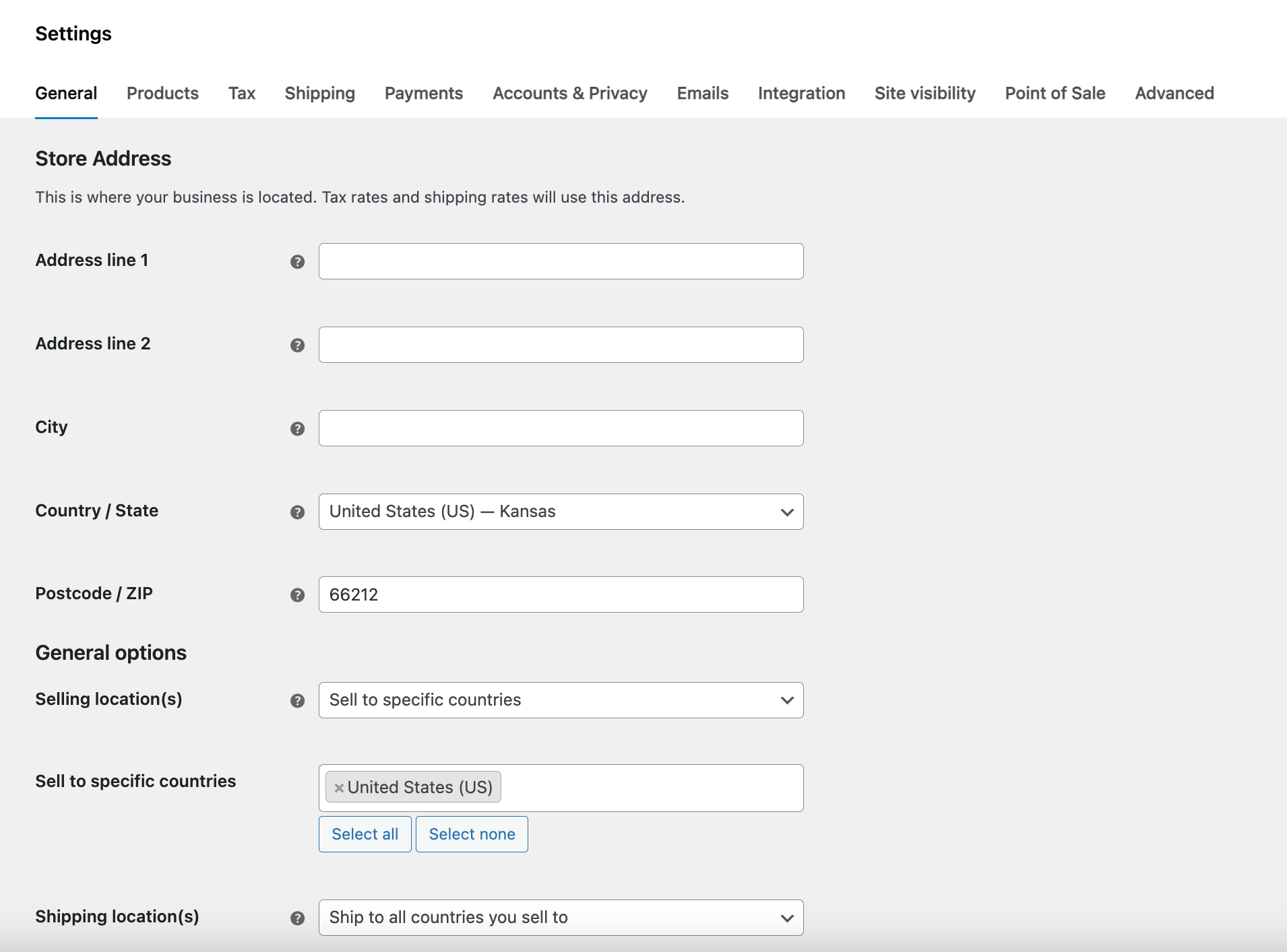 Woocommerce general settings from within the WordPress admin dashboard.
