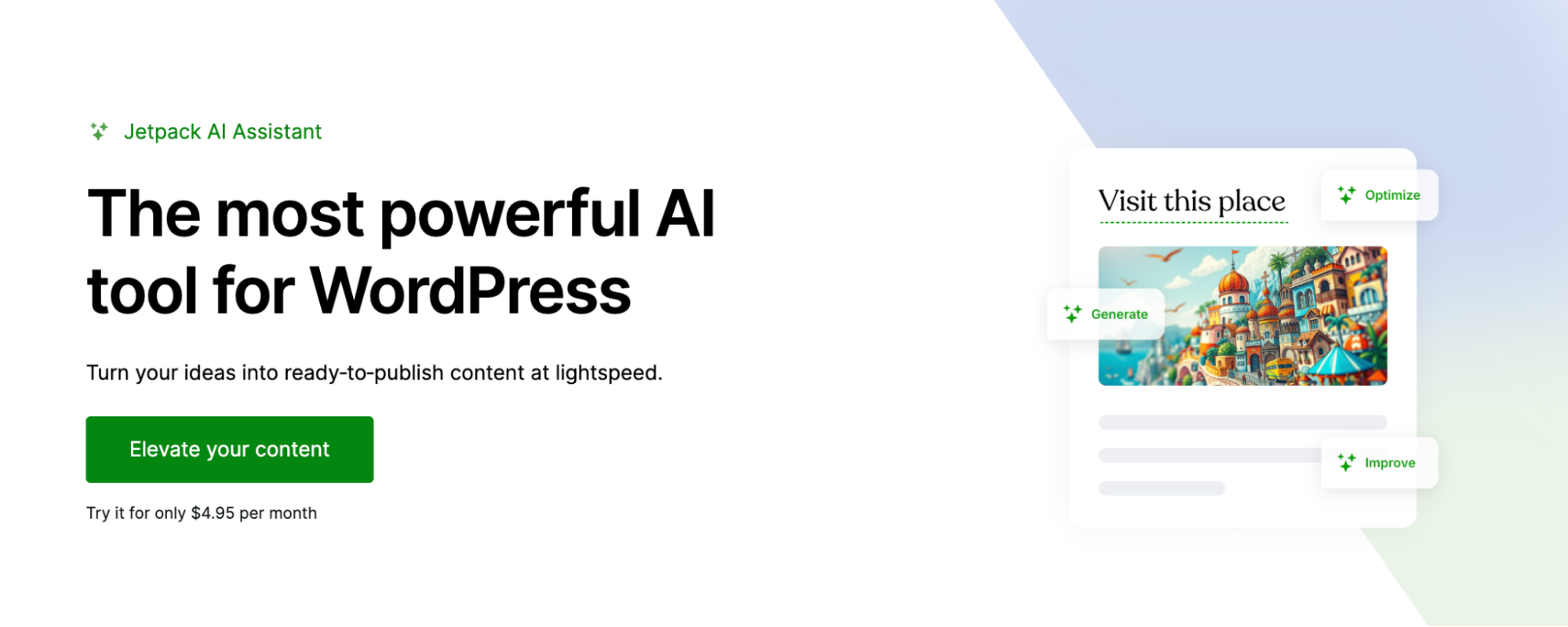 Jetpack AI Assistant landpage hero with title, paragraph, image, and "Elevate your content" button.