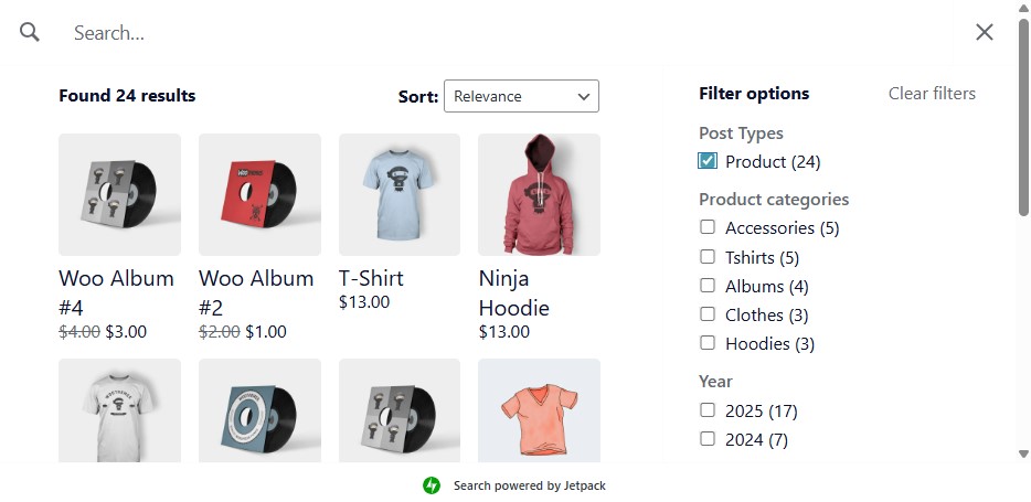 Product archive showing apparel and vinyl LPs along with search and filter options.