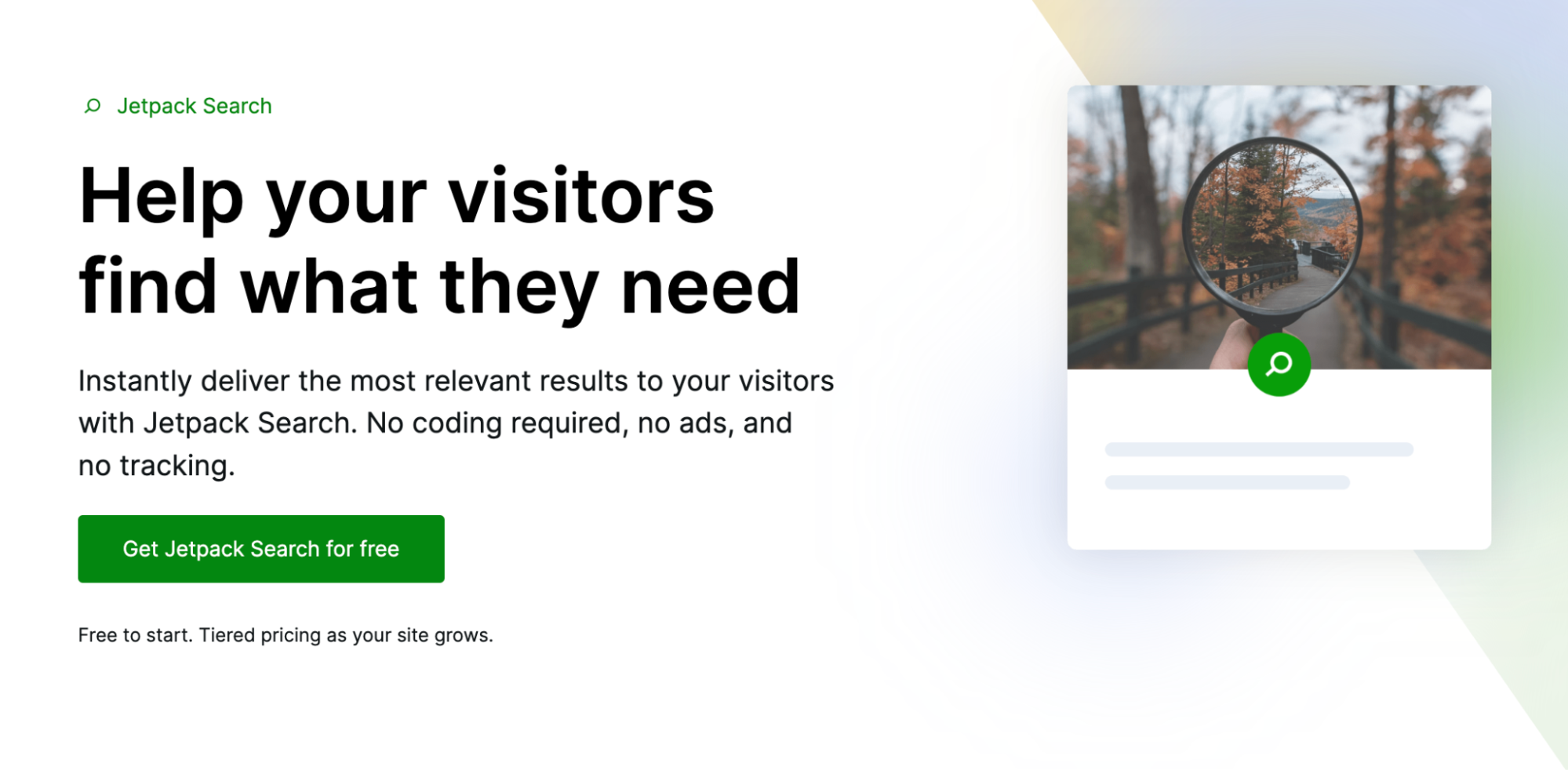 Jetpack Search homepage hero section with title, subtitle, paragraph, image, and "Get Jetpack Search for free" button