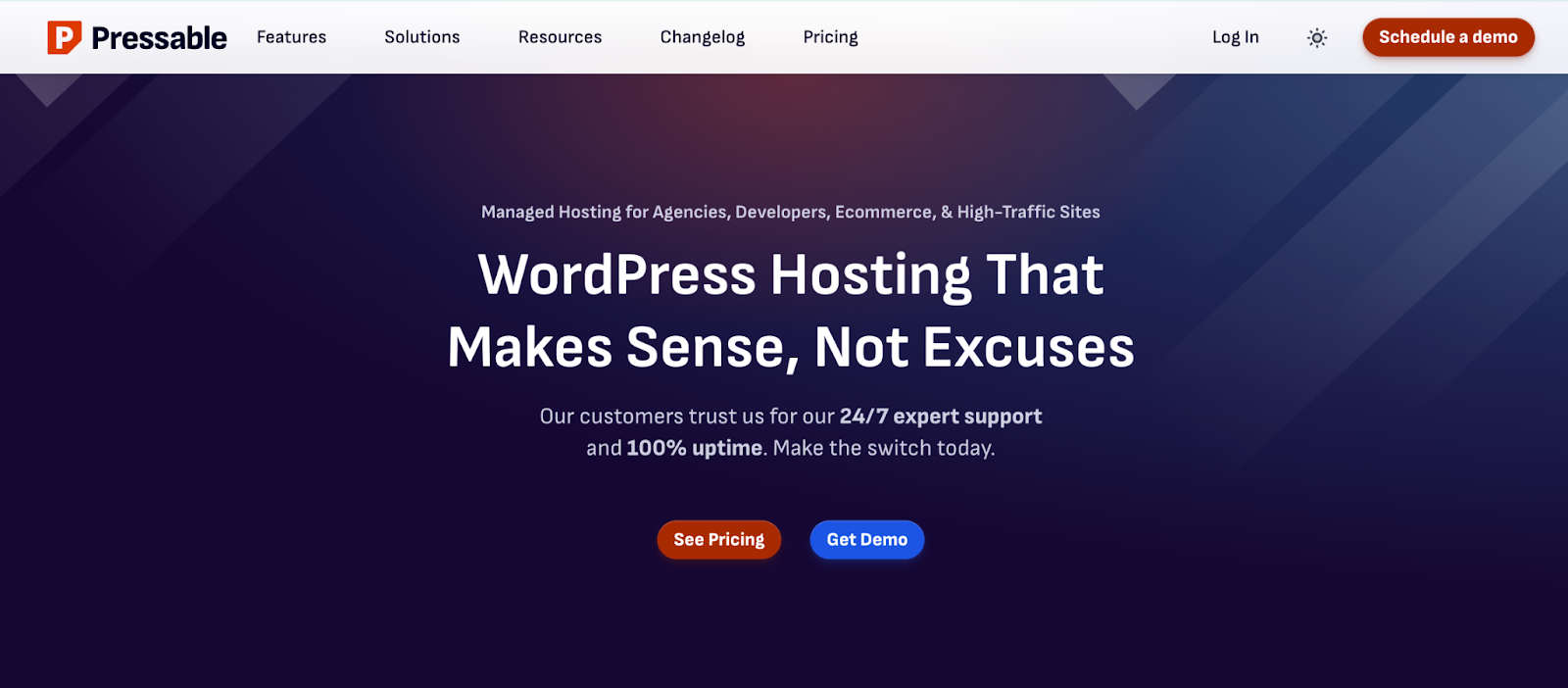 Pressable's website homepage hero section with title, subtitle, paragraph copy, and 'see pricing' and 'get demo' buttons.