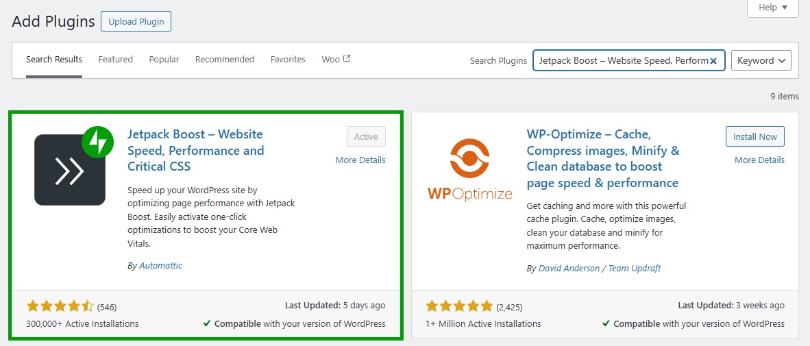 Jetpack Boost plugin by Automattic in the plugin repository as seen from the WordPress dashboard.