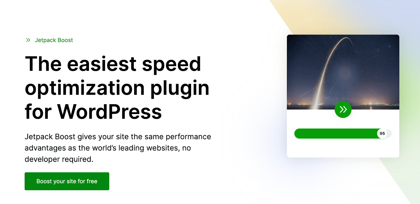 Jetpack Boost homepage with the text "the easiest speed optimization plugin for WordPress"