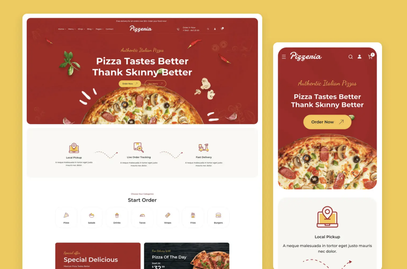 Online store graphic showing desktop and mobile layout for a pizzeria.