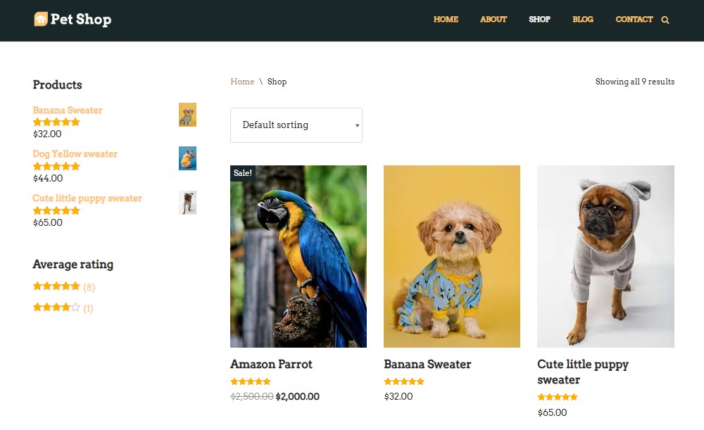 Pet Shop product archive with three separate products along with rating filters.