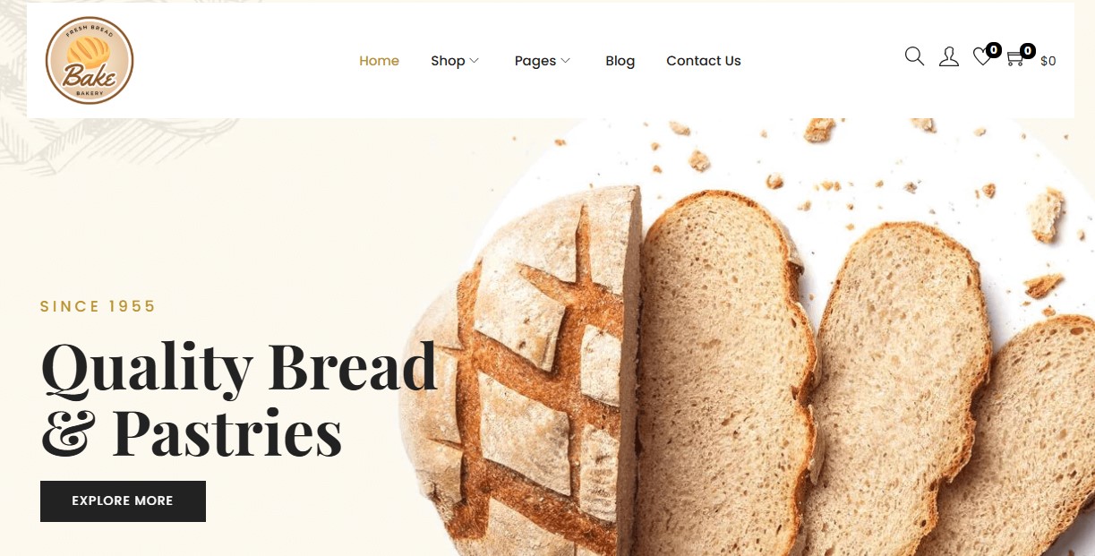 Bake Bakery homepage hero section with title, and "Explore More" button