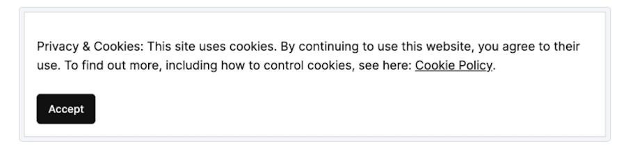 Jetpack's Privacy and Cookie notification banner with paragraph copy and an 'accept' button.