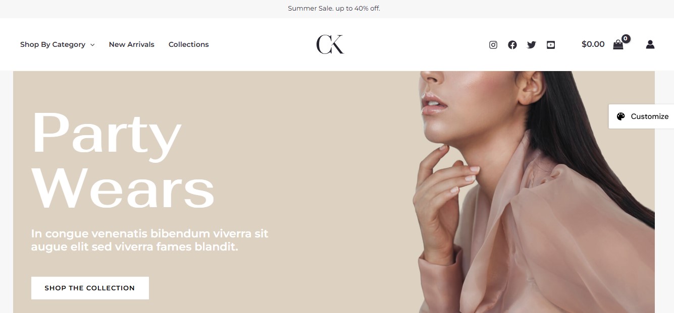 CK WooCommerce template homepage example with title, paragraph, and "Shop the collection" button.