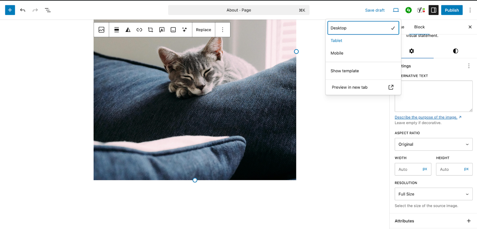 A broader view of the About Page image block with a picture of a gray kitty cat sleeping on a couch, focused on the responsive device views.