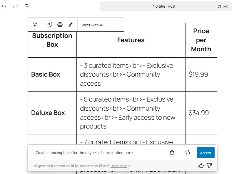 WordPress table block showing different box, feature and price options.