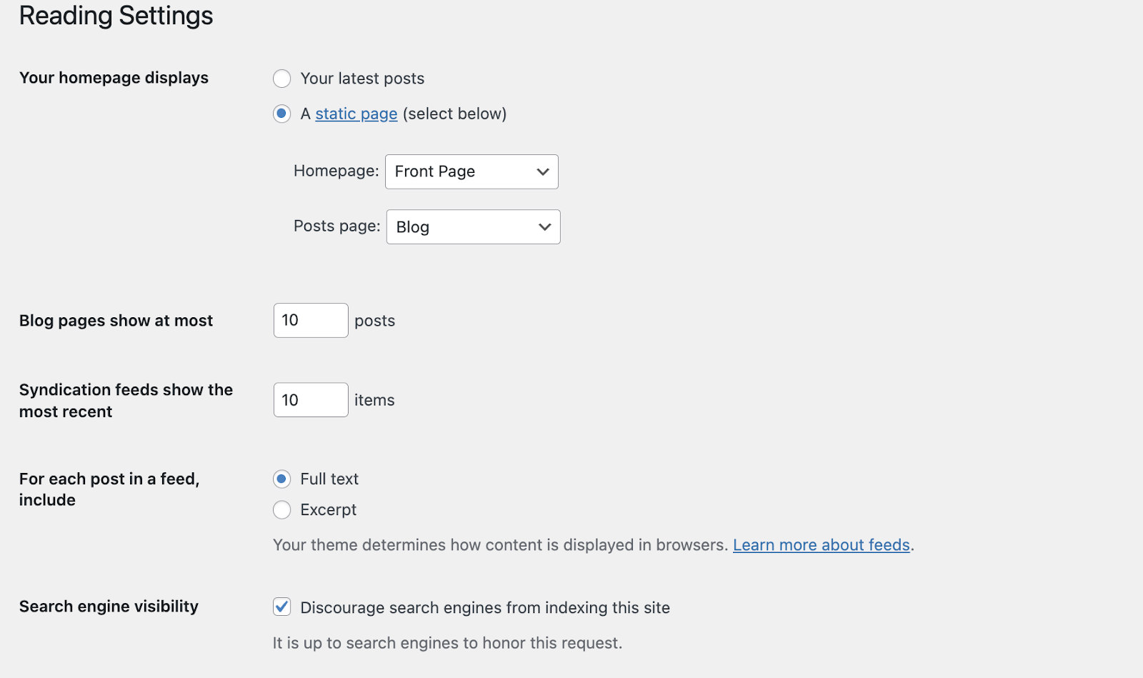 The very top of the WordPress Admin Dashboard's Reading Settings.