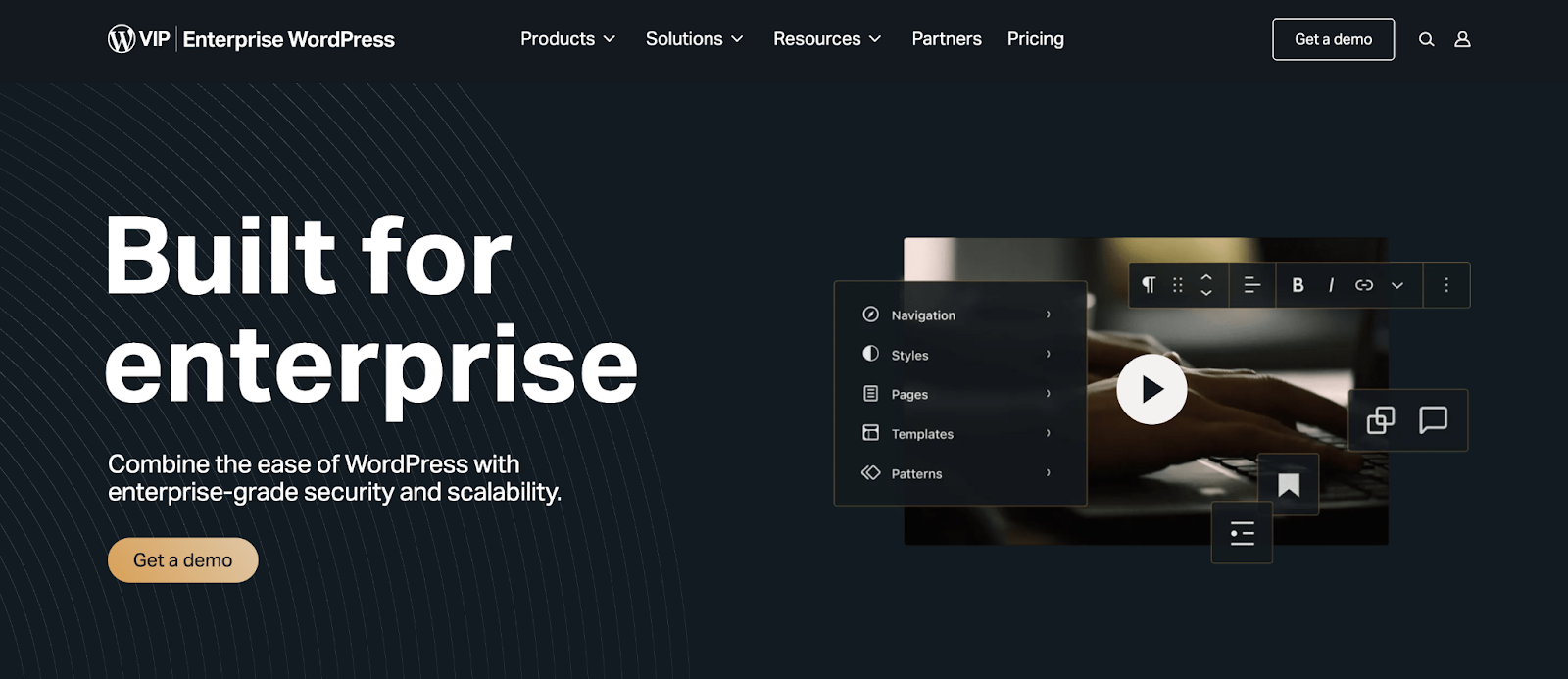 WordPress VIP's website homepage hero section with title, paragraph copy, image, and 'get a demo' button.