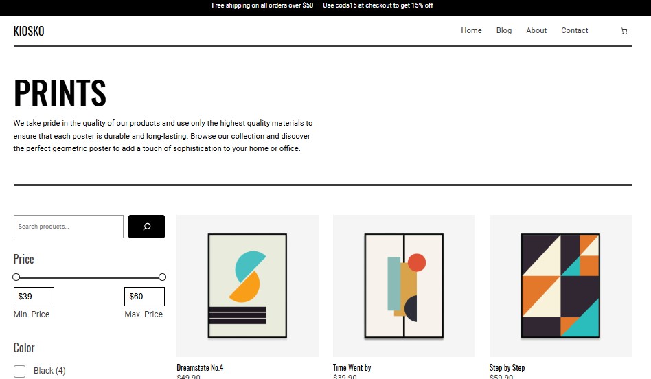 Kiosko prints product page showing several different options along with price and color filters.
