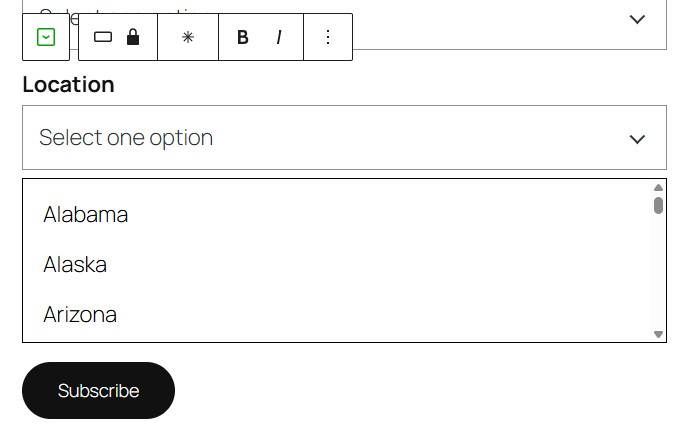 Webform block as seen in the page/post editor showing a location dropdown field.