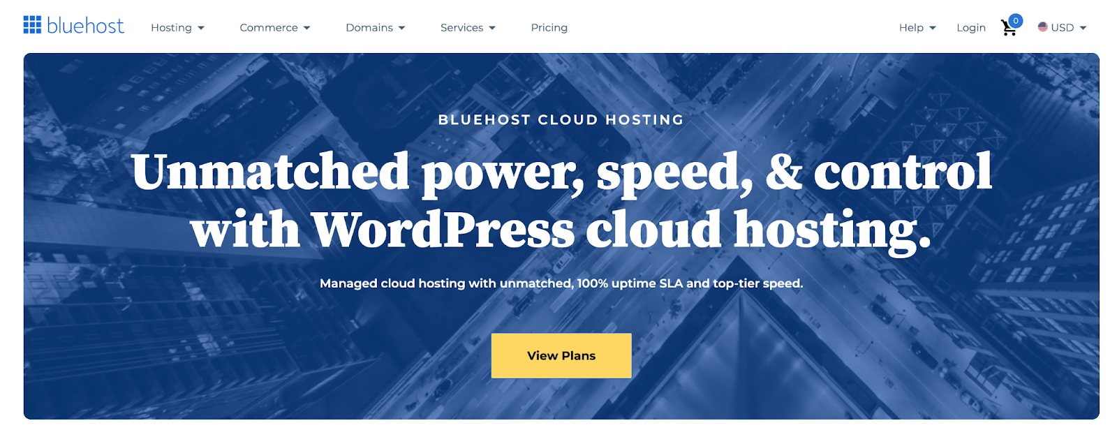 Bluehost's website homepage hero section with title, subtitle, paragraph copy, and 'view plans' button.
