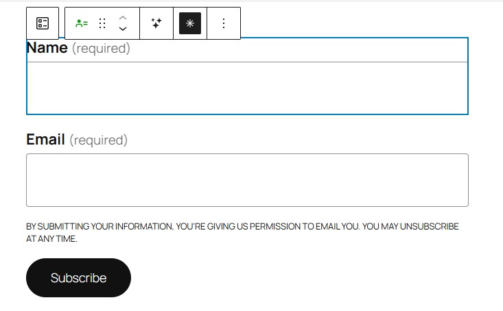 Simple opt in form with name and email address fields along with a "subscribe" button and disclaimer text.