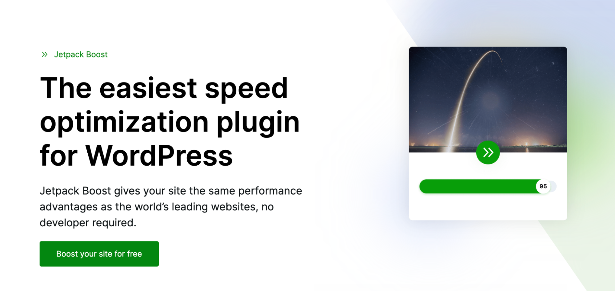 Jetpack Boost landpage hero section with title, subtitle, paragraph, and "Boost your site for free" button.