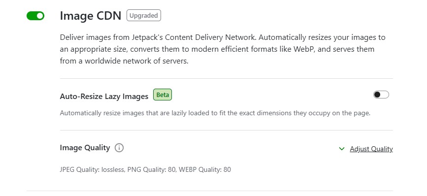 Jetpack Optimization options showing Image CDN as enabled.
