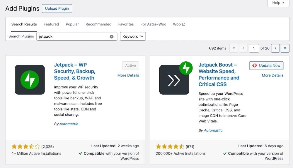 Jetpack and Jetpack Boost in the WordPress plugin repository as seen from the WordPress Dashboard.