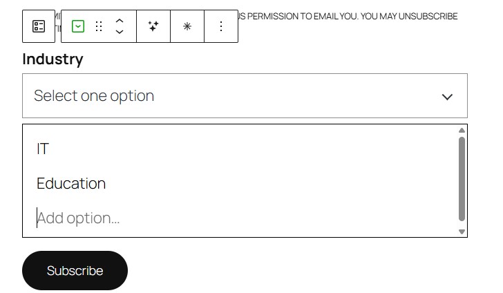 Webform block as seen in the page/post editor showing a industry dropdown field.