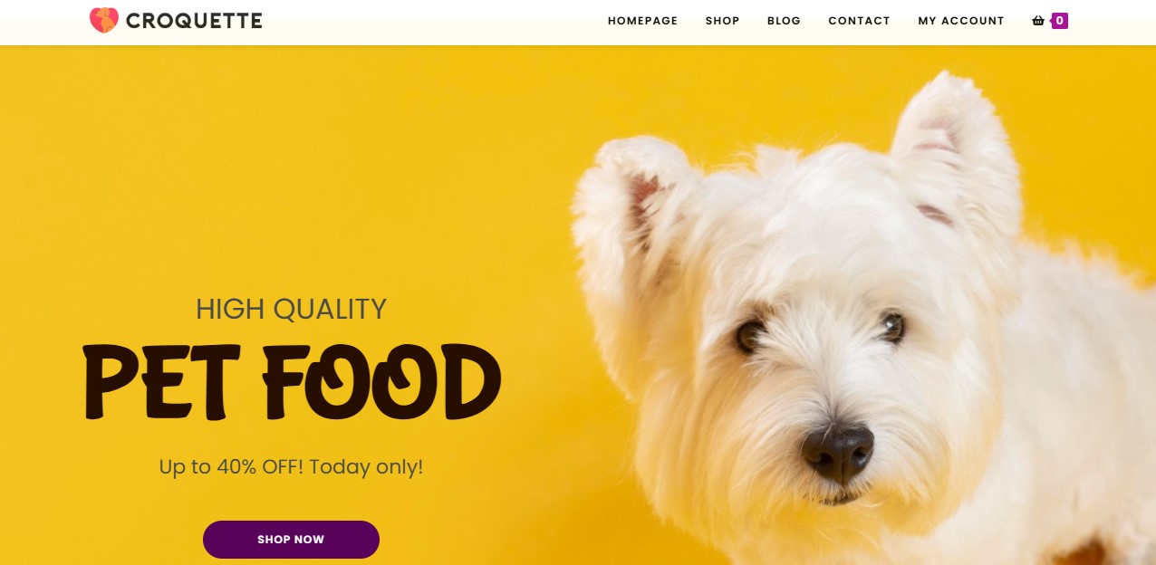 Croquette homepage hero section with title, subtitle, paragraph, image, and "shop now" button.