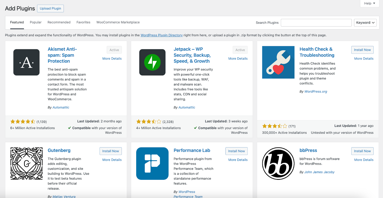 WordPress Plugin repository as seen from the WordPress Dashboard of an existing website.