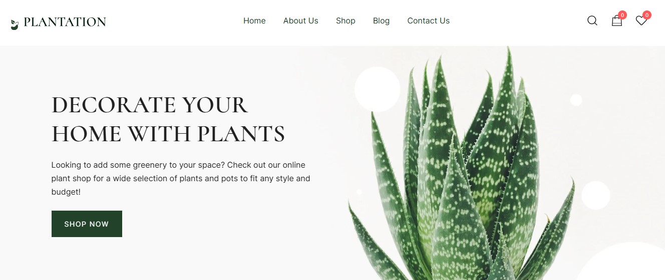 Plantation homepage hero with title, paragraph, image, and "shop now" button.