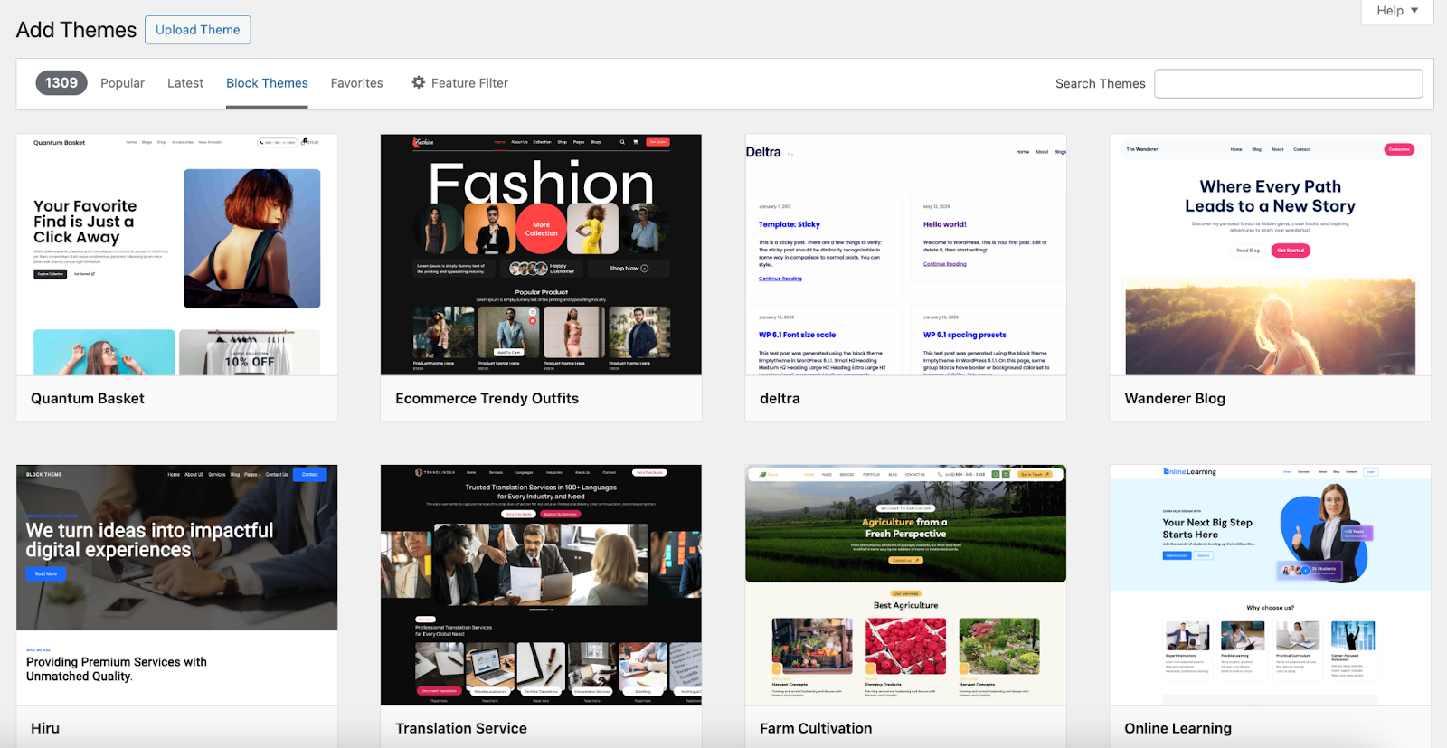 WordPress Theme repository as seen from the WordPress Dashboard of an existing website.