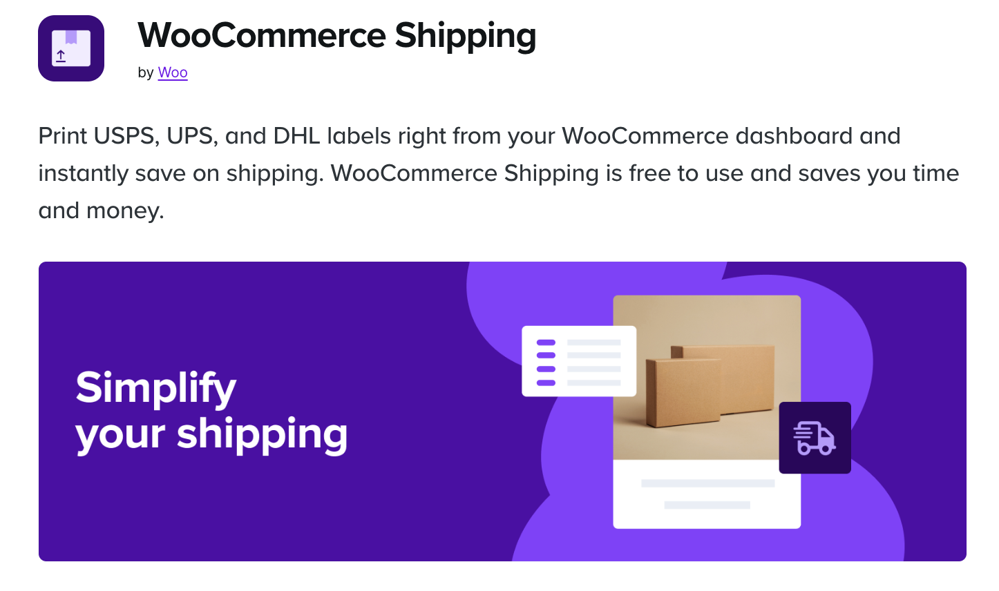 WooCommerce Shipping plugin by Woo as seen from the WooCommerce.com plugin repository.