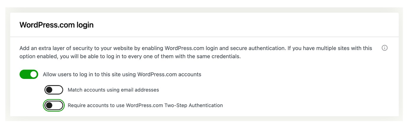 Jetpack's WordPress.com login options with "Allow users to log in...using WordPress.com" option enabled.