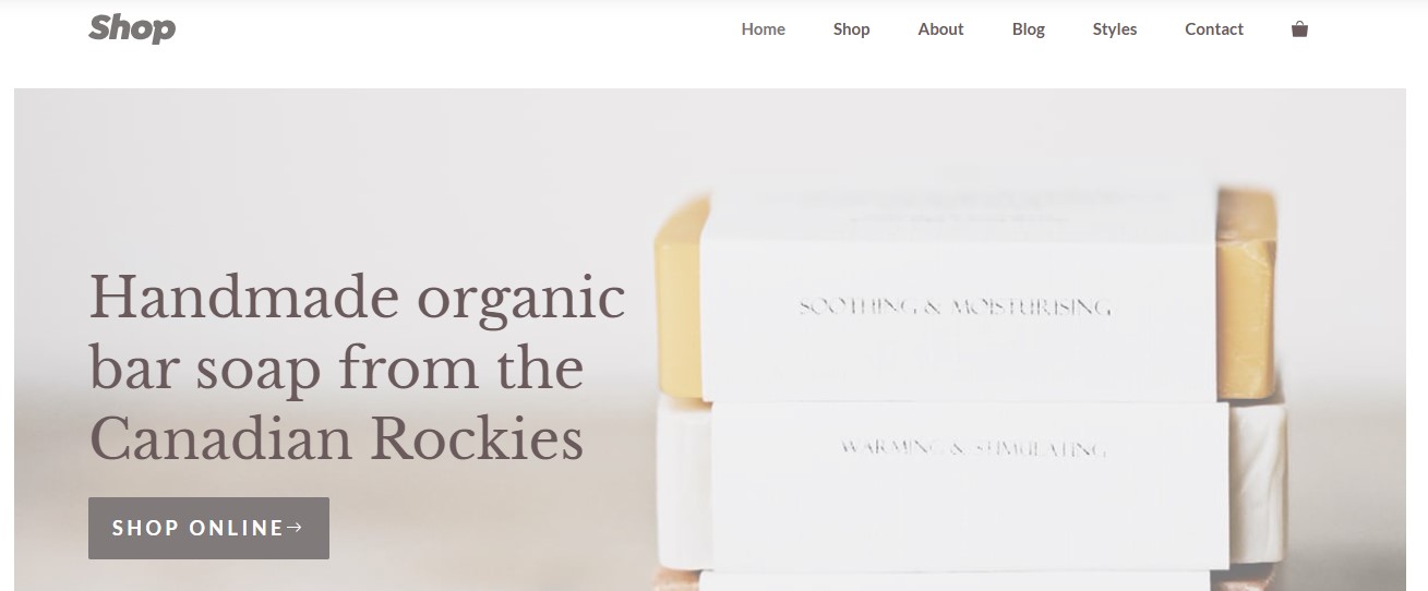 Shop homepage hero section with image, title, and "shop online" button.