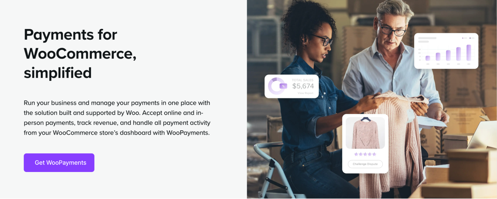 WooCommerce page banner call out section with title paragraph and "Ger WooPayments" button.